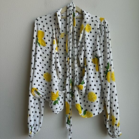 Lovers + Friends Mikayla Lemon Polka Dot Balloon Sleeve Wrap Blouse Size Small - Picture 2 of 9